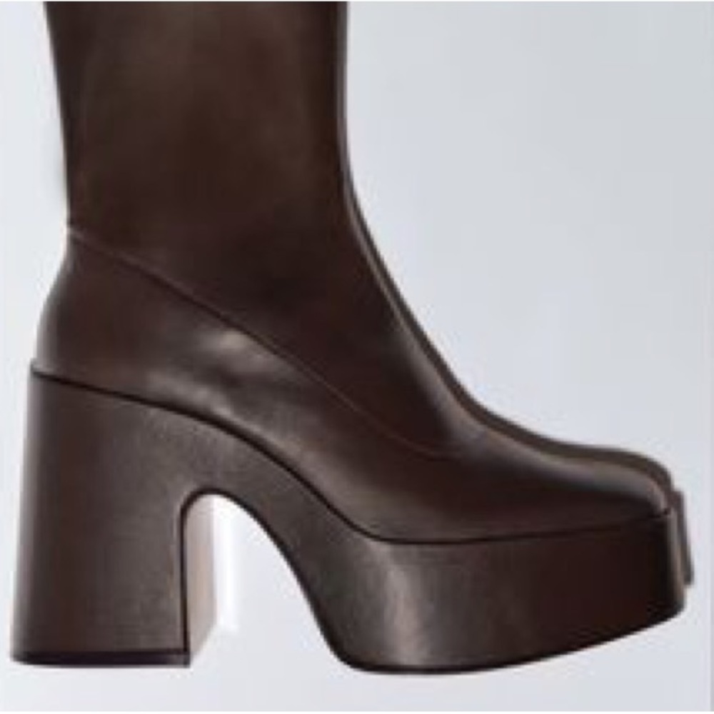 NWT. Zara Brown Faux Leather Platform Heeled Ankle Boots. Size 10. - Picture 2 of 9